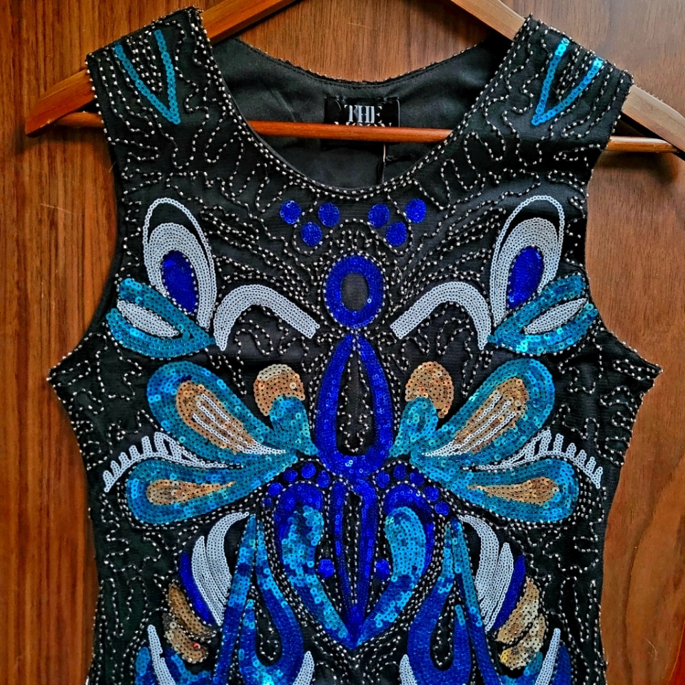 NWT Sparkly Flapper Dress in Black w/ Blue, White, and Gold Sequins & Fringe Hem
